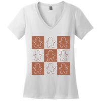 Checkered Gingerbread Man Retro Women's V-Neck T-Shirt