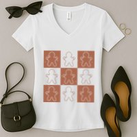 Checkered Gingerbread Man Retro Women's V-Neck T-Shirt