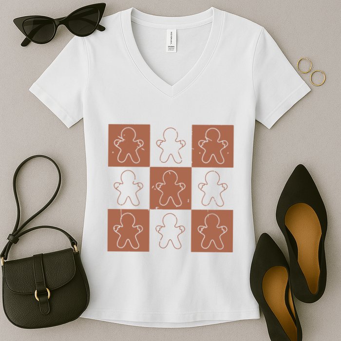 Checkered Gingerbread Man Retro Women's V-Neck T-Shirt