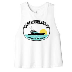 Captain Grandpa My Boat My Rules Yacht Boating Lover Retro Gift Women's Racerback Cropped Tank