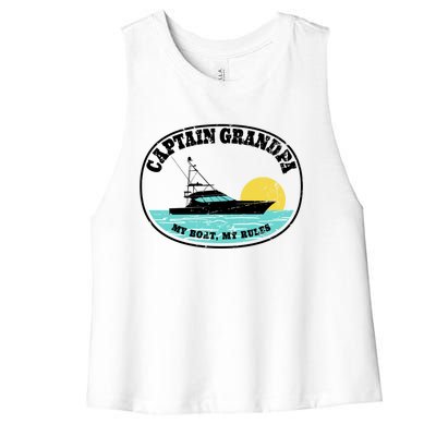 Captain Grandpa My Boat My Rules Yacht Boating Lover Retro Gift Women's Racerback Cropped Tank