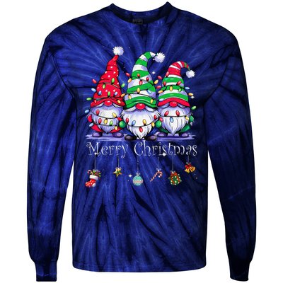 Cute Gnomes Merry Christmas Light Family Gnome Xmas Matching Tie-Dye Long Sleeve Shirt