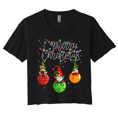 Cute Gnomes Merry Christmas Light Family Gnome  Women's Crop Top Tee