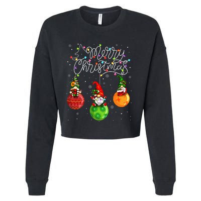 Cute Gnomes Merry Christmas Light Family Gnome  Cropped Pullover Crew