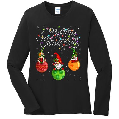 Cute Gnomes Merry Christmas Light Family Gnome  Ladies Long Sleeve Shirt