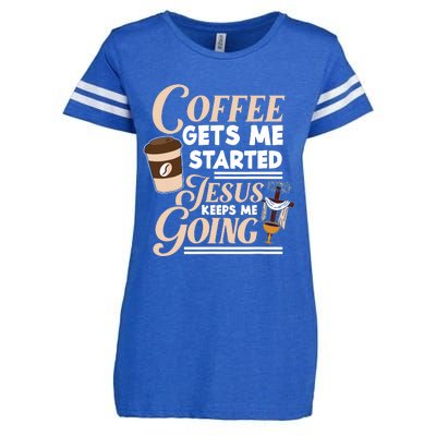 Coffee Gets Me Started Jesus Keeps Me Going Christian Enza Ladies Jersey Football T-Shirt