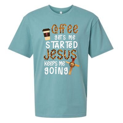 Coffee Gets Me Started Jesus Keeps Me Going Leopard Gift Sueded Cloud Jersey T-Shirt