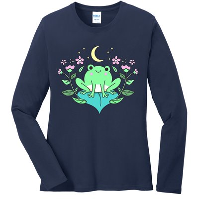 Cottagecore Goblincore Moon Flowers Forest Frog Mushroom Ladies Long Sleeve Shirt