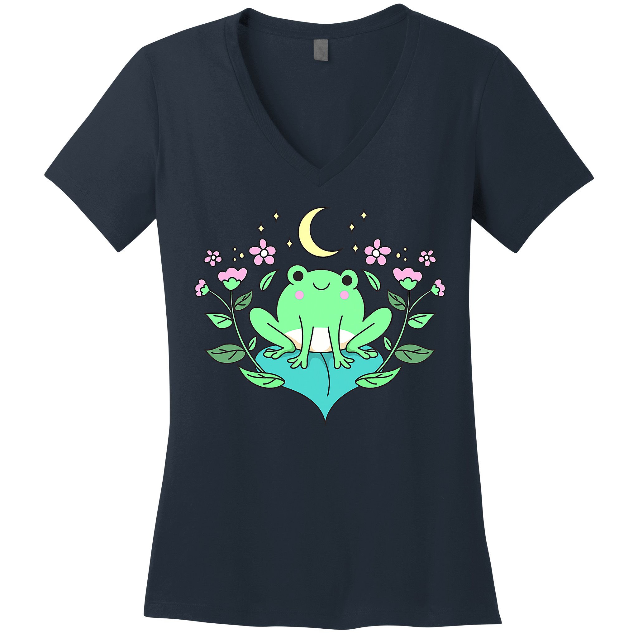 Cottagecore Goblincore Moon Flowers Forest Frog Mushroom Women's V-Neck T-Shirt