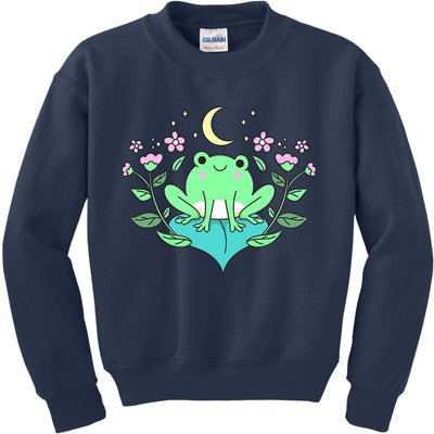 Cottagecore Goblincore Moon Flowers Forest Frog Mushroom Kids Sweatshirt