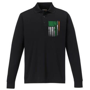 Car Guy Mechanic Gift St Patrick's Day Irish American Flag Gift Performance Long Sleeve Polo