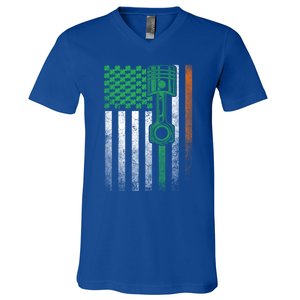 Car Guy Mechanic Gift St Patrick's Day Irish American Flag Gift V-Neck T-Shirt