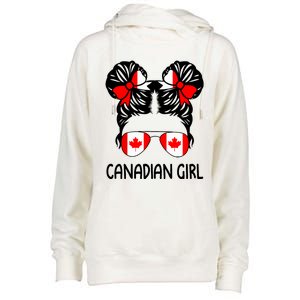 Canadian Girl Messy Hair Canada Pride Patriotic Womens Funnel Neck Pullover Hood