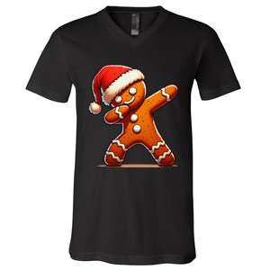 Christmas Gingerbread Man Dabbing Santa Xmas Funny Gift V-Neck T-Shirt