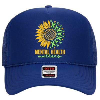 Cute Gift Mental Health Matters Green Ribbon Sunflower High Crown Mesh Back Trucker Hat