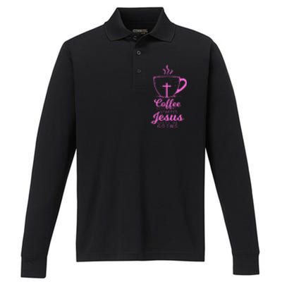 Coffee Gets Me Started Jesus Keeps Me Going Gift Performance Long Sleeve Polo