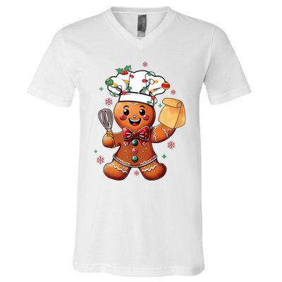 Cute Gingerbread Man Baker Funny Christmas Chef Bake Cookies V-Neck T-Shirt