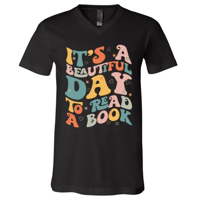 Cute Groovy National Read A Book Day Funny Book Lover V-Neck T-Shirt