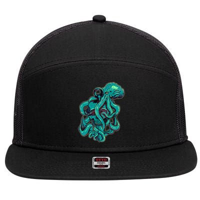 Cool Grunge Octopus Skull 7 Panel Mesh Trucker Snapback Hat