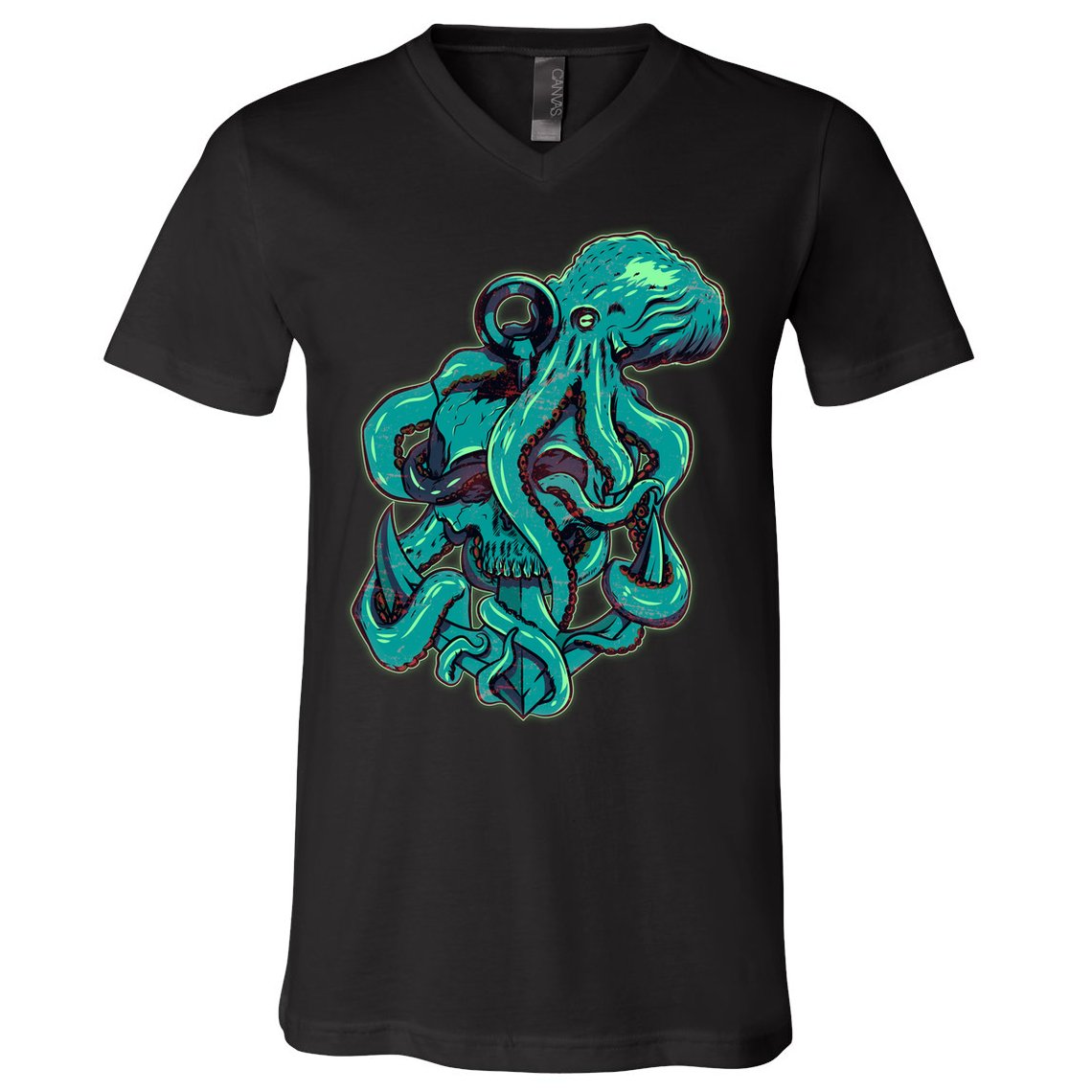 Cool Grunge Octopus Skull V-Neck T-Shirt