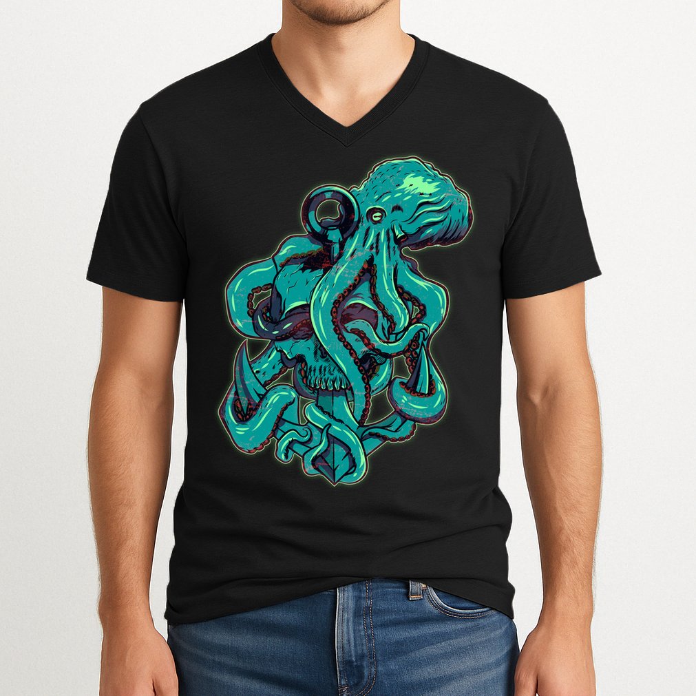 Cool Grunge Octopus Skull V-Neck T-Shirt