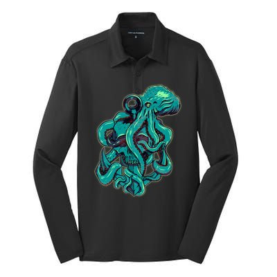 Cool Grunge Octopus Skull Silk Touch Performance Long Sleeve Polo