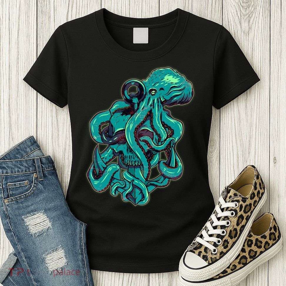 Cool Grunge Octopus Skull Womens T-Shirt