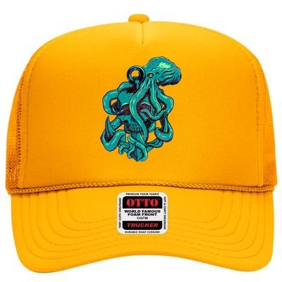 Cool Grunge Octopus Skull High Crown Mesh Back Trucker Hat