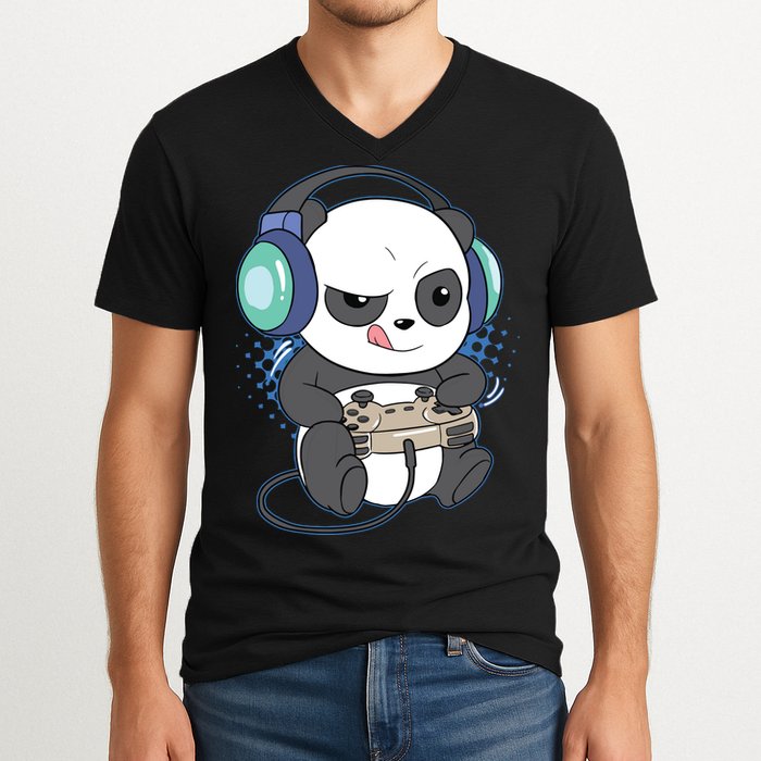Cute Gaming Panda Video Game Computer Player Videogame PC V-Neck T-Shirt