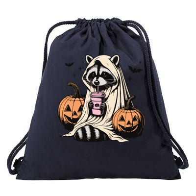 Cute Ghost Pumpkin Halloween Raccoon Costume Raccoon Lovers Drawstring Bag