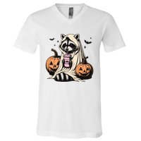 Cute Ghost Pumpkin Halloween Raccoon Costume Raccoon Lovers V-Neck T-Shirt