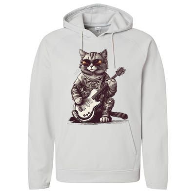 Cool Guitar Playing Cat with Glasses Band Rock Guitar Performance Fleece Hoodie