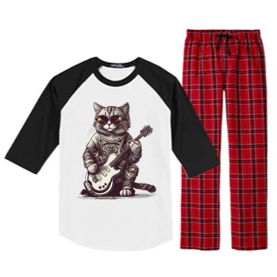 Cool Guitar Playing Cat with Glasses Band Rock Guitar Raglan Sleeve Pajama Set