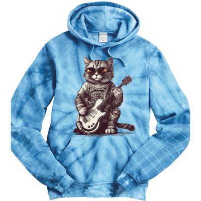 Cool Guitar Playing Cat with Glasses Band Rock Guitar Tie Dye Hoodie