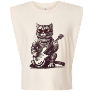 Cool Guitar Playing Cat with Glasses Band Rock Guitar Garment-Dyed Women's Muscle Tee