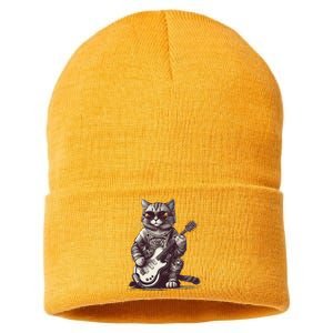 Cool Guitar Playing Cat with Glasses Band Rock Guitar Sustainable Knit Beanie