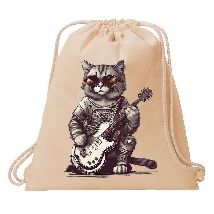 Cool Guitar Playing Cat with Glasses Band Rock Guitar Drawstring Bag