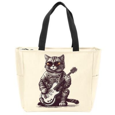 Cool Guitar Playing Cat with Glasses Band Rock Guitar Zip Tote Bag