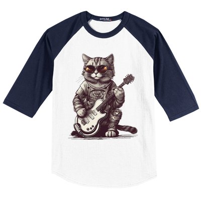 Cool Guitar Playing Cat with Glasses Band Rock Guitar Baseball Sleeve Shirt