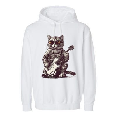 Cool Guitar Playing Cat with Glasses Band Rock Guitar Garment-Dyed Fleece Hoodie