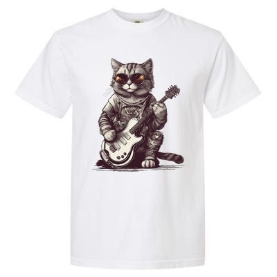 Cool Guitar Playing Cat with Glasses Band Rock Guitar Garment-Dyed Heavyweight T-Shirt