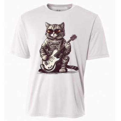 Cool Guitar Playing Cat with Glasses Band Rock Guitar Cooling Performance Crew T-Shirt