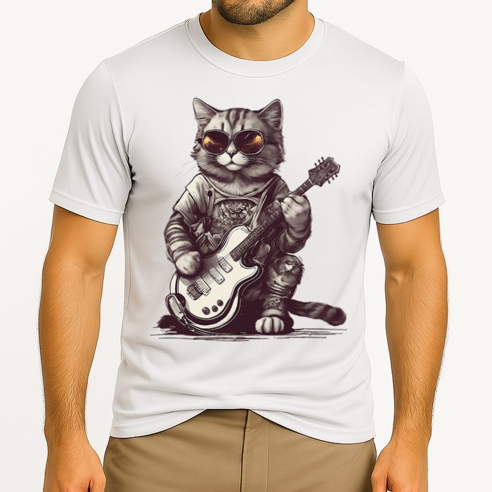 Cool Guitar Playing Cat with Glasses Band Rock Guitar Cooling Performance Crew T-Shirt
