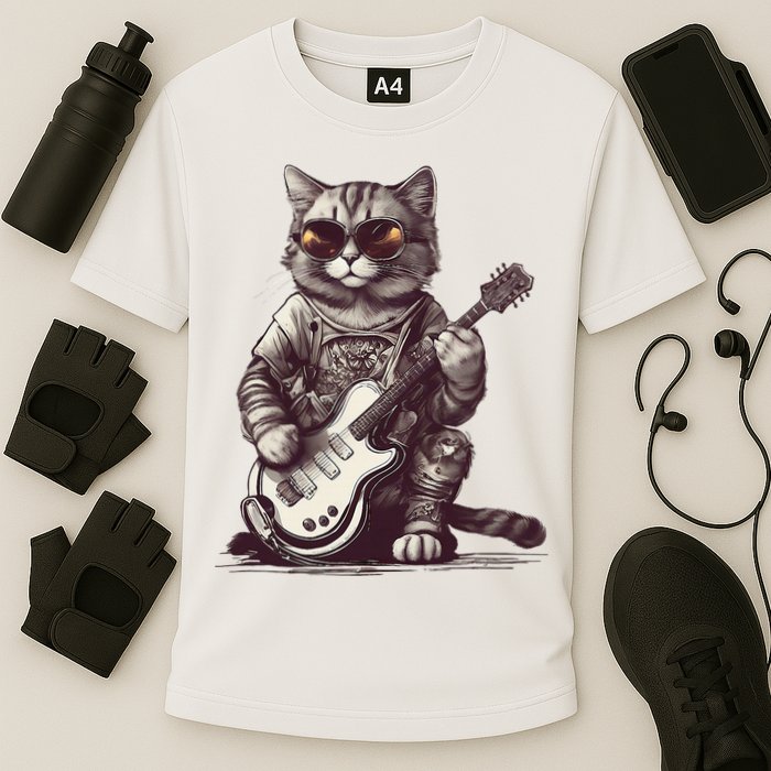 Cool Guitar Playing Cat with Glasses Band Rock Guitar Cooling Performance Crew T-Shirt
