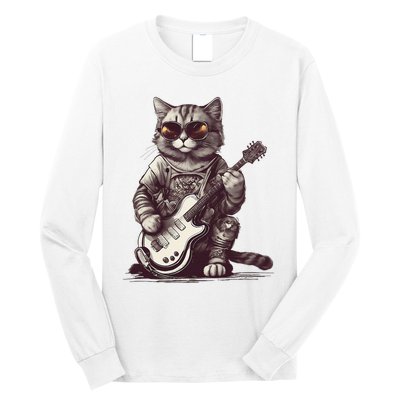 Cool Guitar Playing Cat with Glasses Band Rock Guitar Long Sleeve Shirt