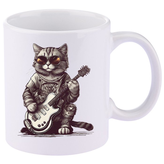 Cool Guitar Playing Cat with Glasses Band Rock Guitar 11oz C Handle Ceramic Mug