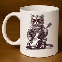 Cool Guitar Playing Cat with Glasses Band Rock Guitar 11oz C Handle Ceramic Mug
