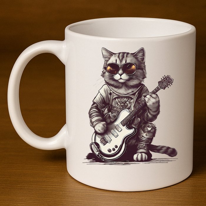 Cool Guitar Playing Cat with Glasses Band Rock Guitar 11oz C Handle Ceramic Mug