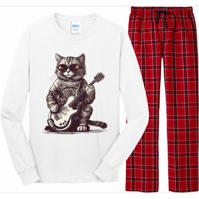 Cool Guitar Playing Cat with Glasses Band Rock Guitar Long Sleeve Pajama Set