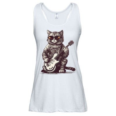 Cool Guitar Playing Cat with Glasses Band Rock Guitar Ladies Essential Flowy Tank